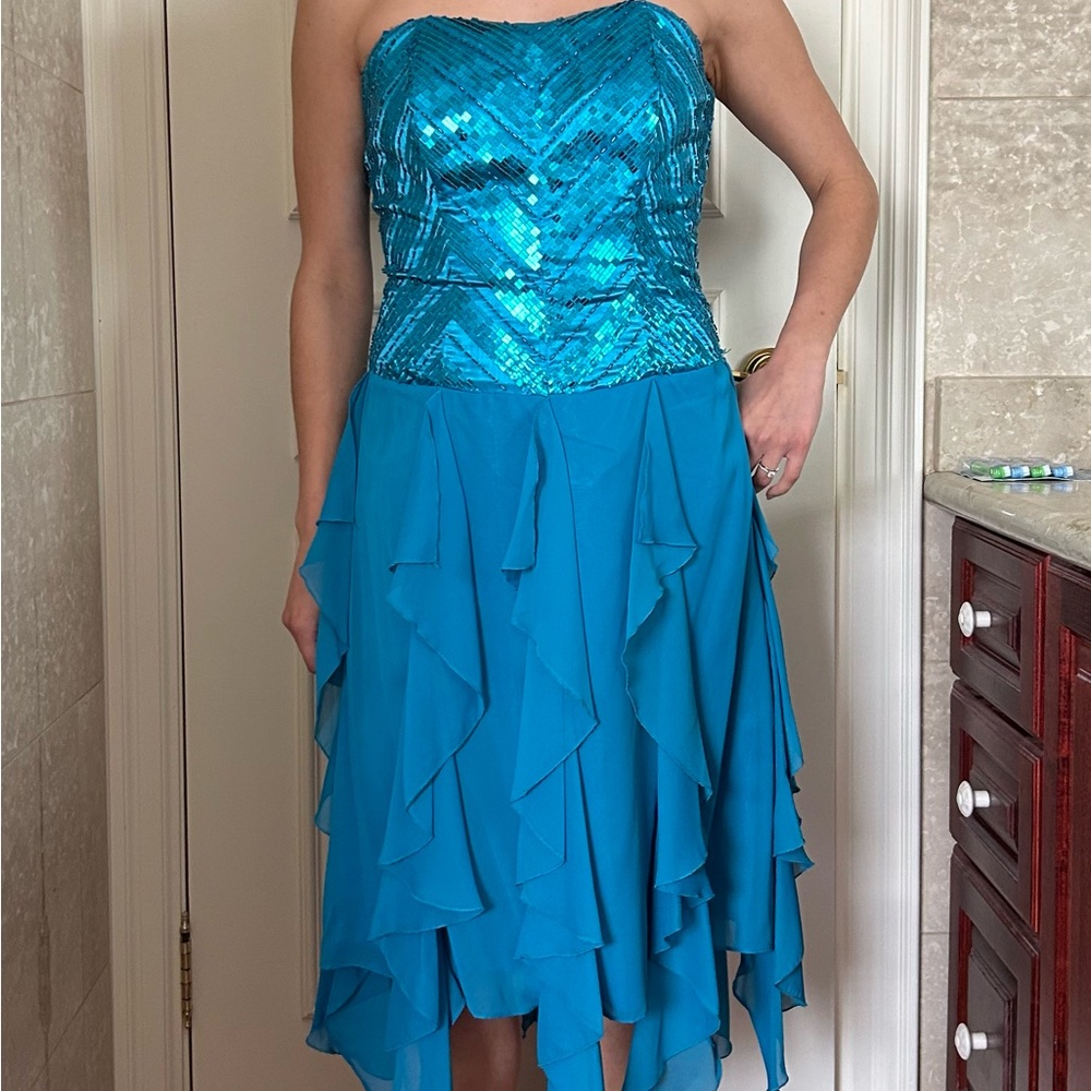 Blue Sequin Strapless Dress